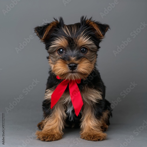 Cute Small Dog With Red Ribbon Sitting Calmly Against Gray Background