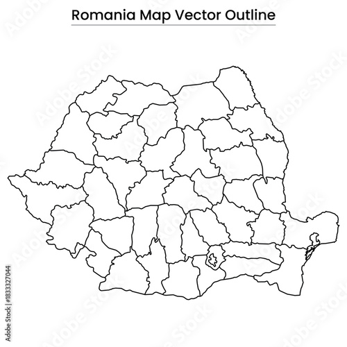 Romania Map Vector Outline Editable Country Silhouette with County Borders