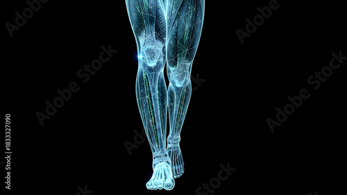 Xray view of human leg muscles and bone structure in a glowing blue digital rendering against a black background