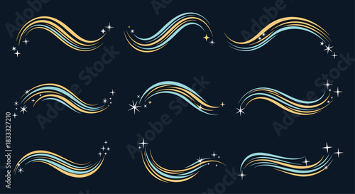Collection of animated magic comet trails and shooting stars with sparkles, a beautiful celestial effect set against a dark night sky background.