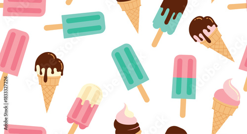 Colorful seamless animated pattern of various ice creams, including popsicles and cones with chocolate, on a clean white background.