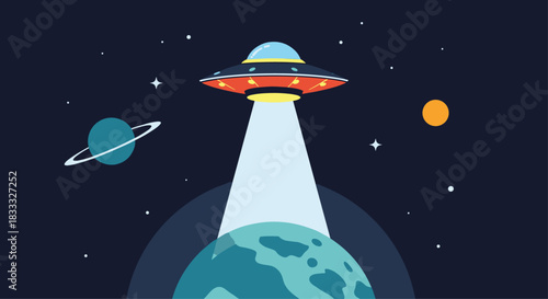 Retro pixel art illustration of a UFO spaceship abducting a planet with a light beam against a dark starry space background design.
