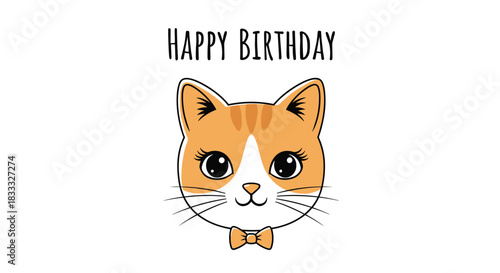 Happy Birthday message with a cute animated ginger cat face wearing a bow tie, a charming and adorable greeting card for cat lovers.