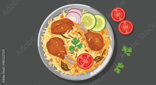 Top-down view of a delicious plate of chicken biryani with rice, drumsticks, fresh cilantro, onions, and sliced vegetables.
