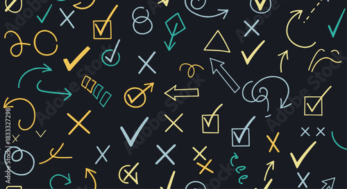 Seamless pattern of hand-drawn doodle checkmarks, crosses, and arrows in yellow, blue, and white on a dark gray background.