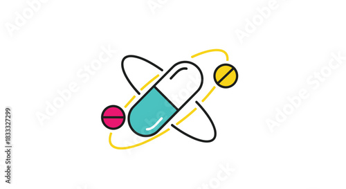 Modern line art icon of a medical capsule with two smaller pills orbiting around it like planets, representing pharmacy or science.