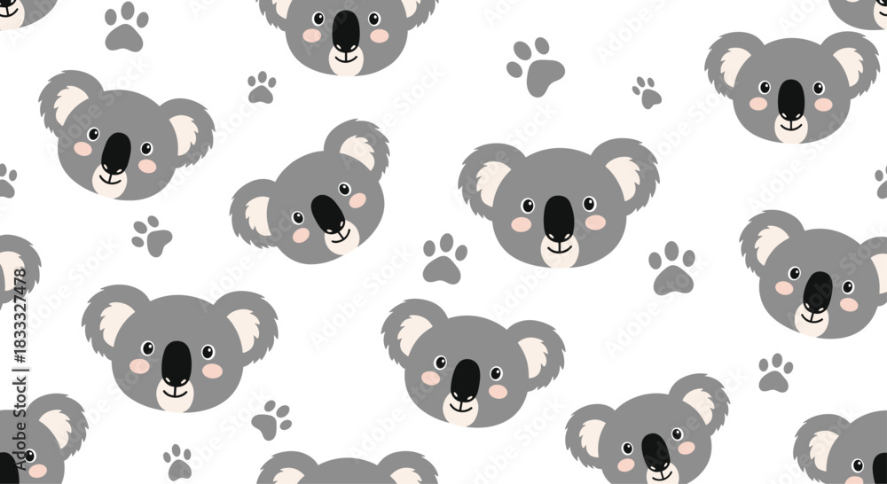 Fototapeta premium Seamless repeating pattern of cute koala bear faces and little paw prints scattered on a clean, simple white background design.