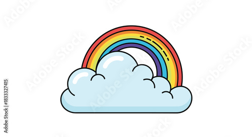 Simple cartoon illustration of a bright, colorful rainbow arching out from behind a fluffy white and blue cartoon cloud design.