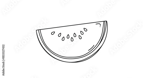 Simple black and white line art drawing of a slice of watermelon with seeds, perfect for a coloring book or a summer design.