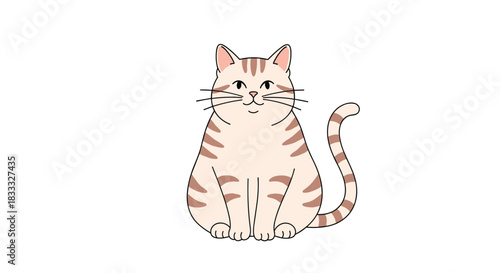 Adorable illustration of a chubby, smiling beige and brown striped tabby cat sitting upright and looking forward on white background.