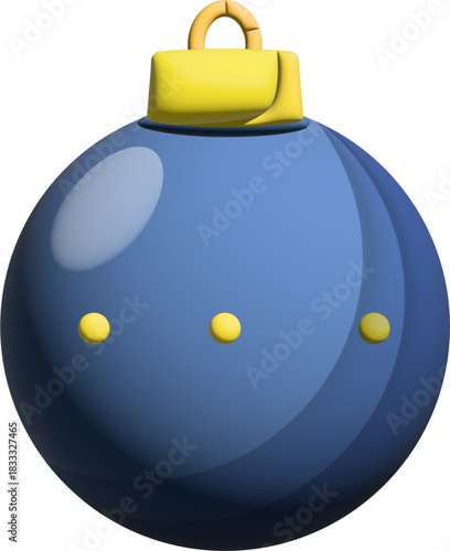 A glossy blue Christmas ornament with three small yellow dots and a yellow cap is shown against