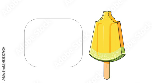 A yellow and green melon-flavored popsicle or ice lolly with a bite taken out, shown next to a blank space for text or logo.