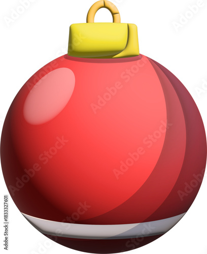 A glossy red Christmas ornament with a yellow cap and a white curved stripe near the bottom is shown against