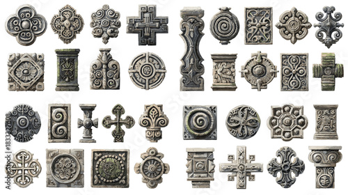 Collection of ancient stone carved ornaments featuring geometric shapes, crosses, spirals, and decorative relief designs inspired by old architectural and cultural motifs.
