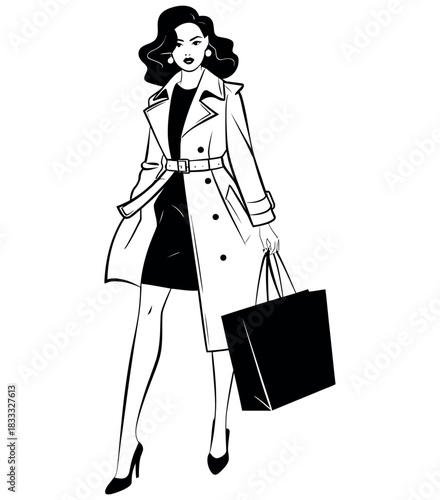 A stylish woman wearing a trench coat walks confidently with a shopping bag.