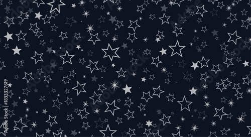 Seamless dark blue background pattern filled with scattered and overlapping hand-drawn white and gray outline stars of various sizes.