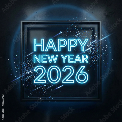 Happy new year 2026 glowing blue neon sign celebratory text
