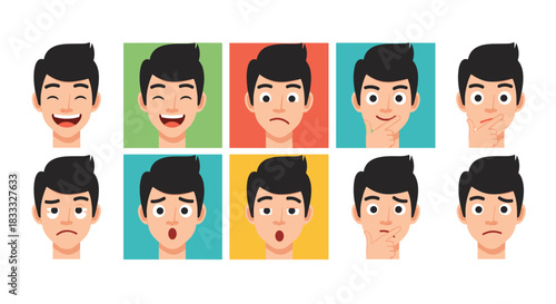 Set of ten cartoon avatars of a young man with black hair, displaying a wide variety of facial expressions and emotions.