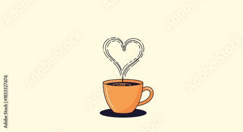 Minimalist illustration of a cup of coffee with heart-shaped steam rising from it, set on a soft, light-colored background.