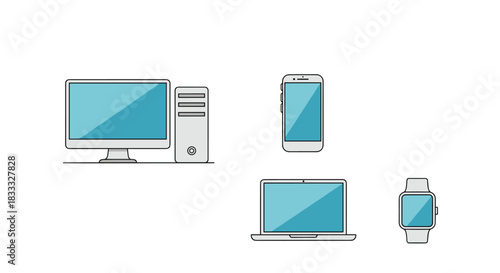 Set of modern digital electronic devices including a desktop computer, laptop, smartphone, and a smartwatch with blue screens.