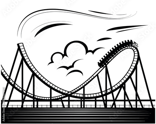 A roller coaster train plunges down a steep drop, creating a thrilling amusement park experience.