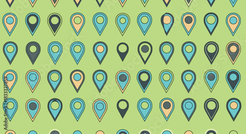 Seamless animated pattern with colorful map pin location markers moving in rows on a soft pastel green background, loopable motion graphic.