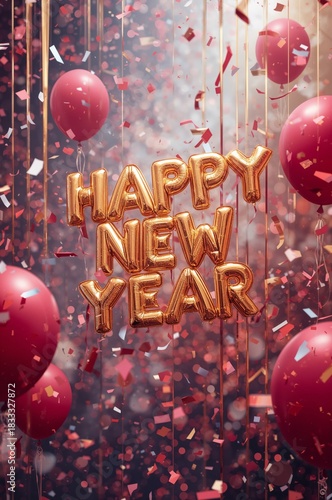 Colorful Celebration Scene With Happy New Year Greeting and Festive Decoratio...