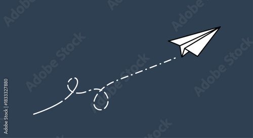 Animated paper airplane flying across a dark blue background leaving a creative looped and dashed line trail, symbolizing travel and freedom.
