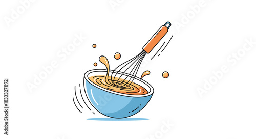 Fun cartoon animation of a wire whisk vigorously mixing batter in a blue bowl, with splashes flying out, representing baking and cooking.