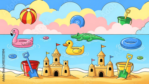 Cartoon beach scene filled with toys, castles and inflatable animals.