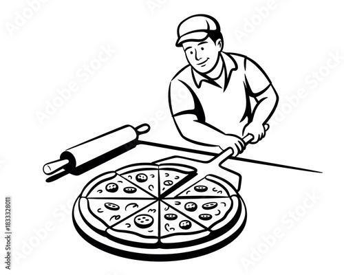 A smiling pizza maker is slicing a delicious pizza with a pizza peel.