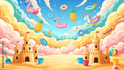 Whimsical Summer Beach Scene with Inflatable Toys and Sandcastles Artwork