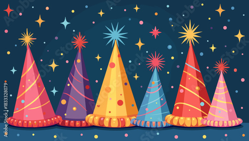 Bright festive party hats with sparkles on dark night celebration background