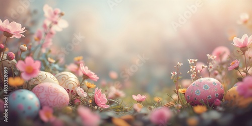 Spring Celebration With Colorful Eggs and Flowers in a Bright Garden Scene