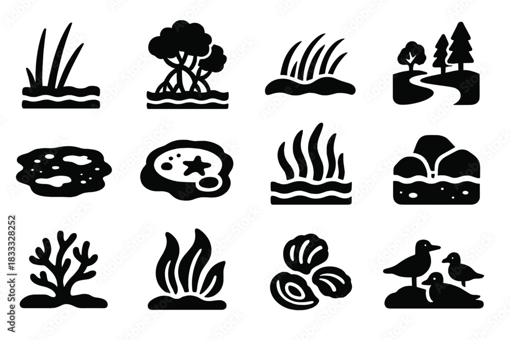 Obraz premium Coastal Habitat Icons. Solid style icons of Coastal Habitats: Salt Marsh, Mangrove, Dune Grass, Estuary, Mudflat, Tidal Pool,