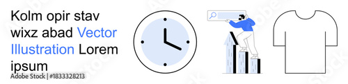 Business strategy, marketing analytics, time tracking, workforce productivity, apparel design, technology search. Clock, graph with a person magnifying glass icon shirt outline. Business strategy
