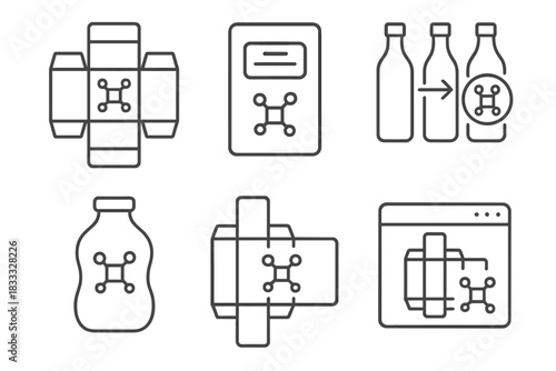 AI Packaging Designs. Line style icons of AI-generated packaging design: unfolded box with algorithm lines, label from prompt icon