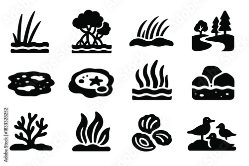 Coastal Habitat Icons. Solid style icons of Coastal Habitats: Salt Marsh, Mangrove, Dune Grass, Estuary, Mudflat, Tidal Pool,