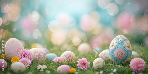 Colorful Easter Eggs Among Blooming Flowers in a Serene Garden Setting