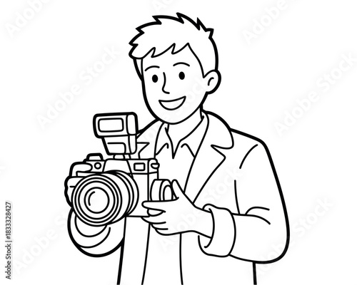 A smiling man holds a professional camera, ready to capture a moment.