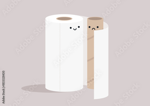 Cheerful paper towel stands together with a sad empty roll, creating a playful scene of household essentials in a cozy kitchen setting