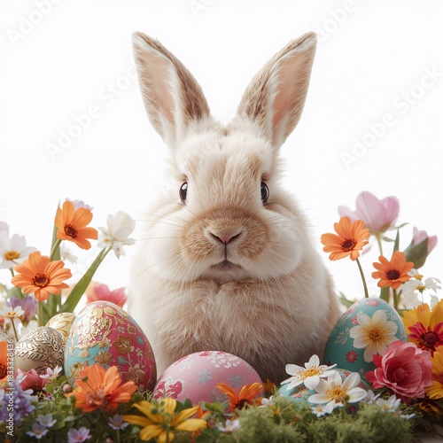 Happy Rabbit Surrounded by Colorful Eggs and Flowers for Spring Celebration