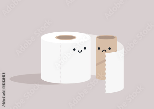 In a playful bathroom atmosphere, a roll of toilet paper comforts a lonely cardboard tube that looks sad, creating a charming scene.