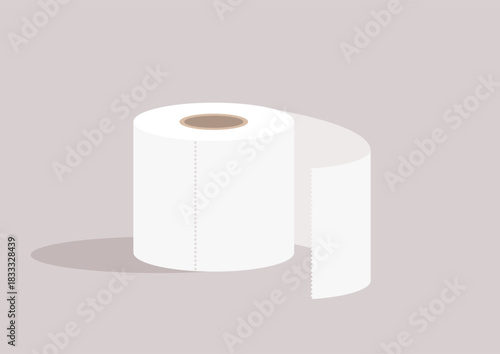 Soft, white toilet paper roll sits neatly on  isolated beige backgrounds