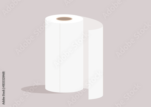 A White paper towels roll ready for use in a clean and simple environment, its soft texture and absorbent quality make it ideal for various tasks, from spills to drying hands