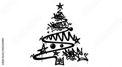 Black and white graffiti style christmas tree design with tags and stars, isolated on white background