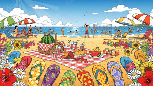 Cheerful beach scene featuring vacationers, picnic spread, and summer flowers.