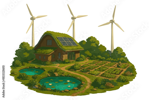 Sustainable Eco-Homestead. Future eco-homestead with windmills spinning, ponds glowing with life, and gardens feeding all