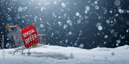 Special Offer Sign in a Shopping Cart on Snowy Ground During Winter Season