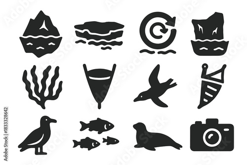 Polar Marine Icons. Solid style icons of Polar marine ecosystem: icebergs, pack ice, cold currents, glacial front, floating algae,